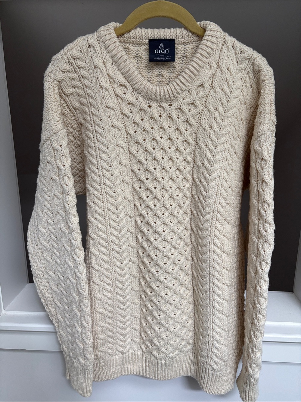 Aran Crewneck Cable Knit 100% Marino Wool Sweater in Cream